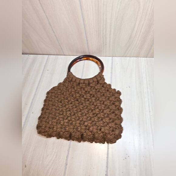 Vtg Handmade Brown Crochet Handbag Bakelite? Handle Knit/Woven Macrame Boho - Picture 2 of 8